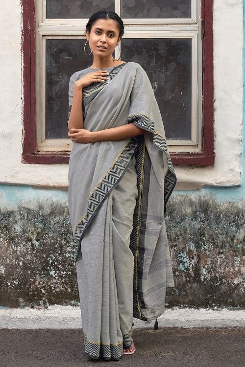 Grey Silk Linen Handwoven Soft Saree With Resham Pallu – Charukriti