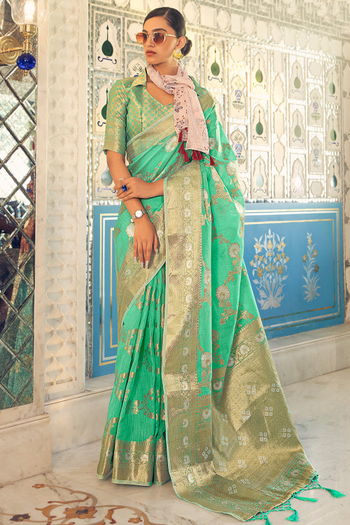 green linen saree