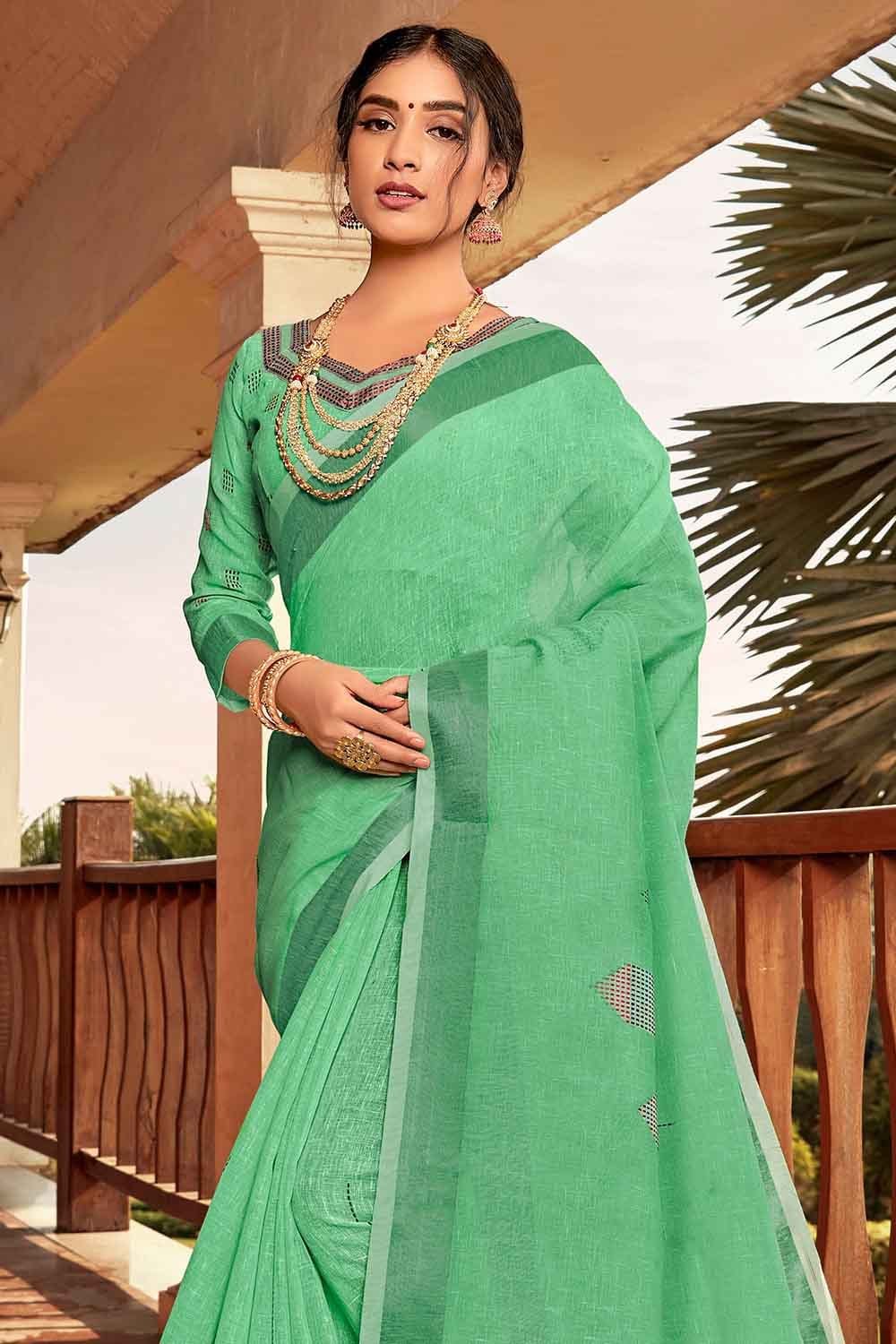 green linen saree