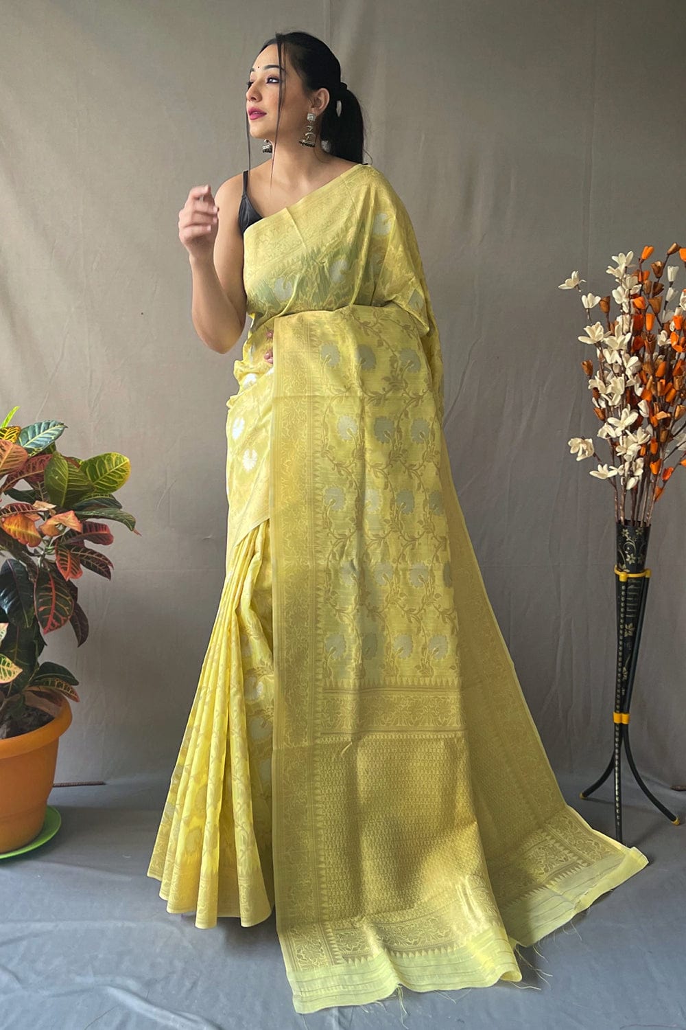 Banarasi Silk Lime Yellow Bridal Saree – Sunasa