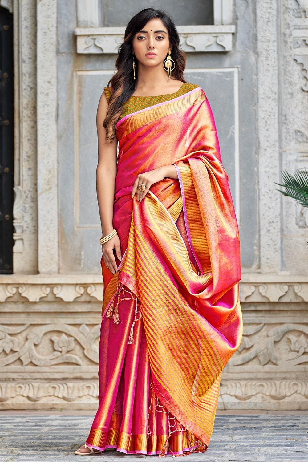 Buy Lotus Pink Linen Saree online Karagiri Karagiri Global