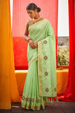 green linen saree