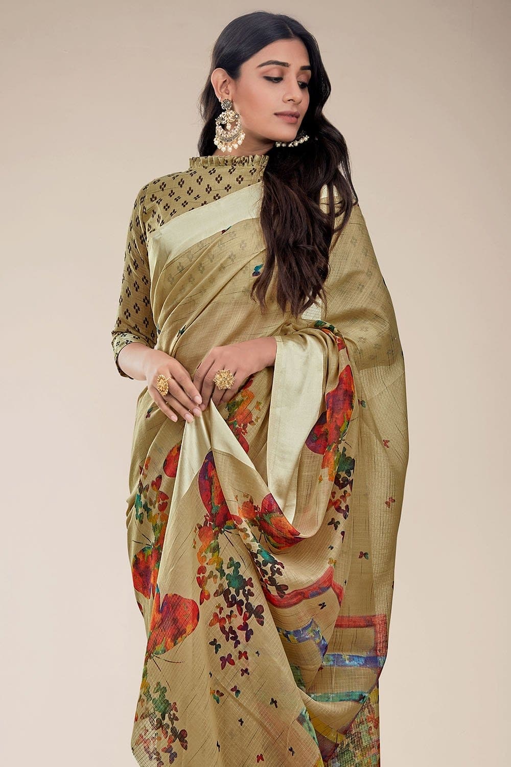 green linen saree