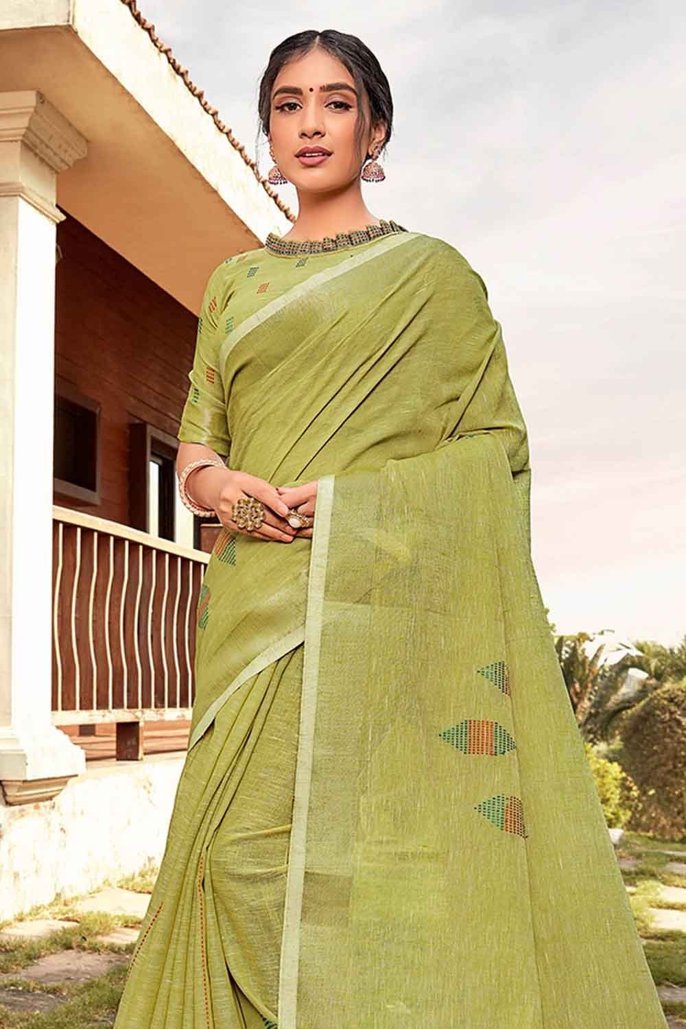 green linen saree