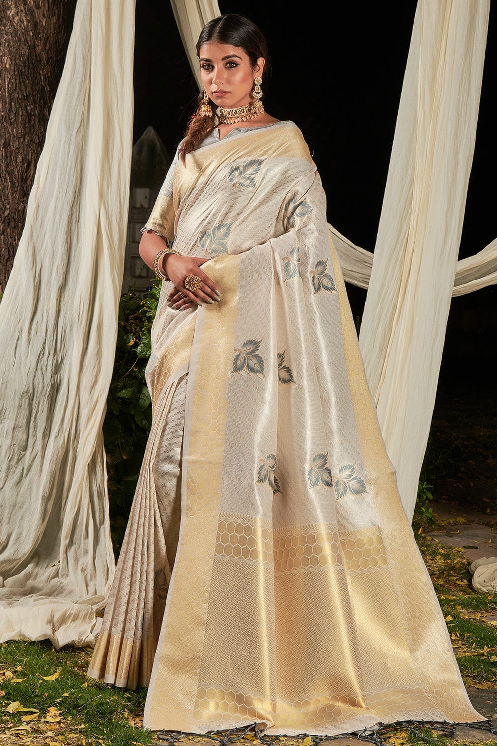 Off White Tissue Linen Saree