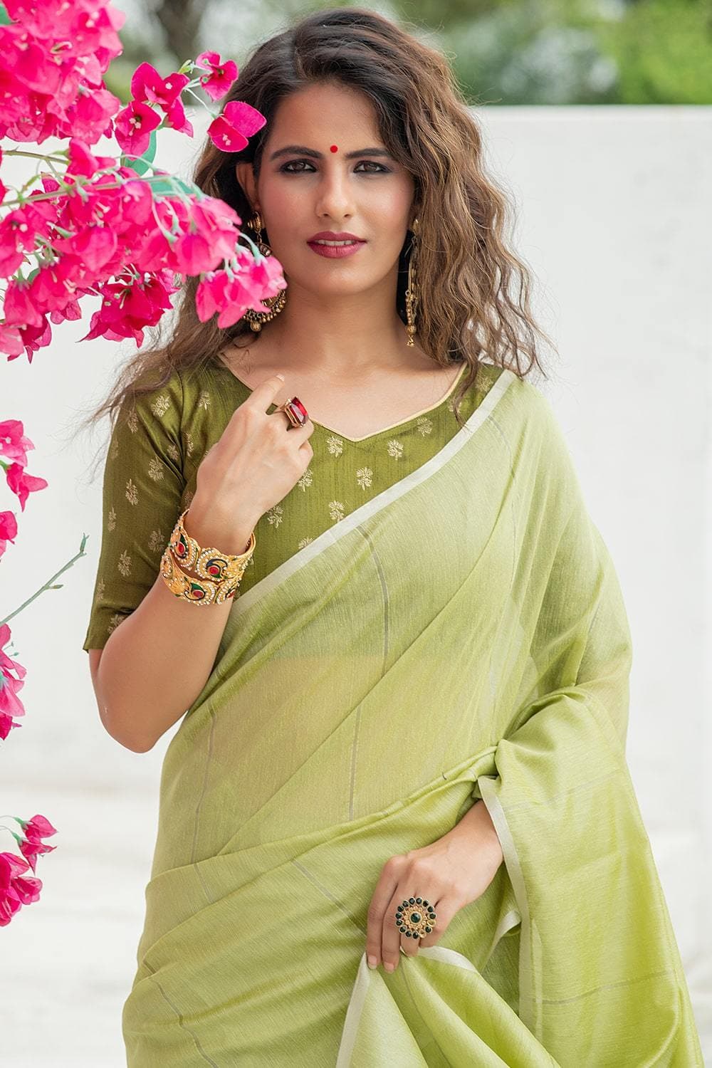 Olive Green Linen Saree