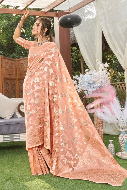 peach linen saree