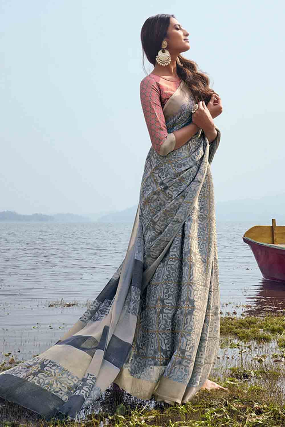 grey linen saree