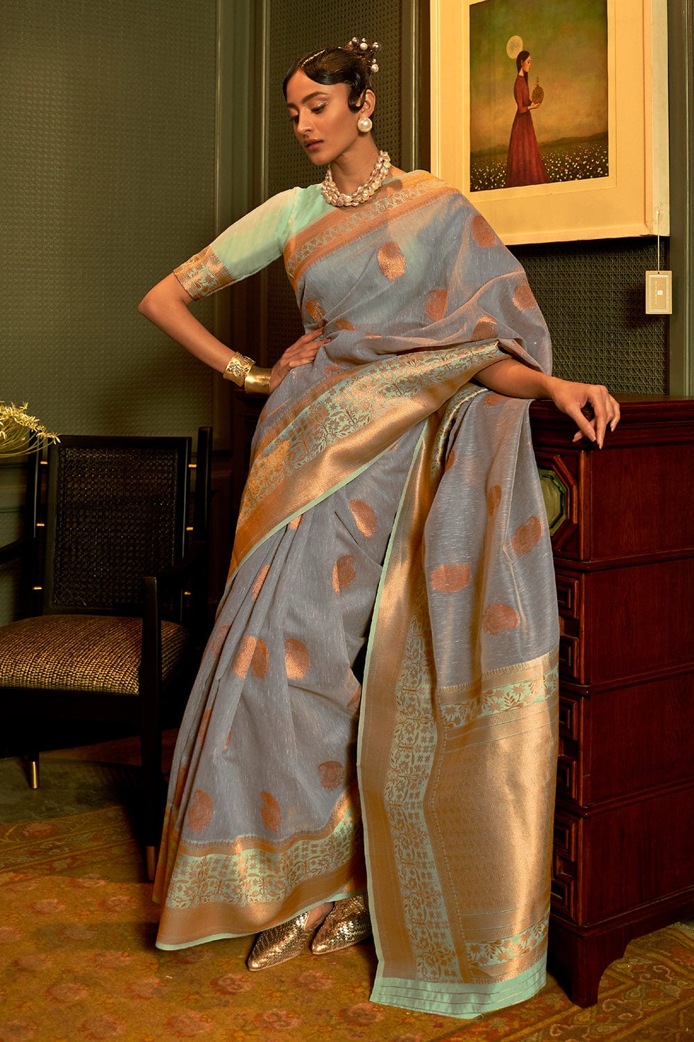 grey linen saree