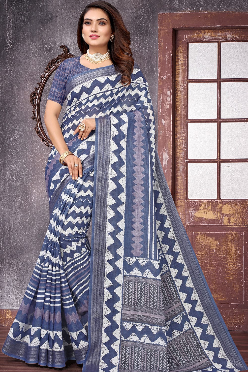 blue linen saree