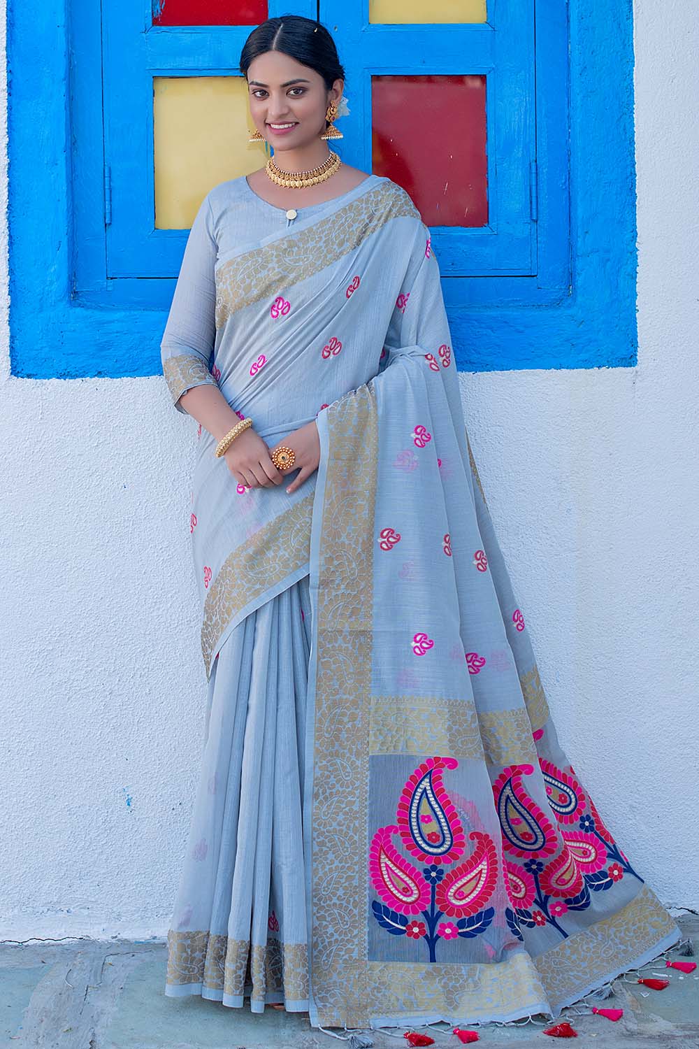 blue linen saree