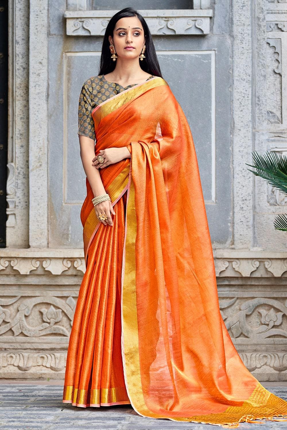 Buy Tangerine Orange Linen Saree online-Karagiri