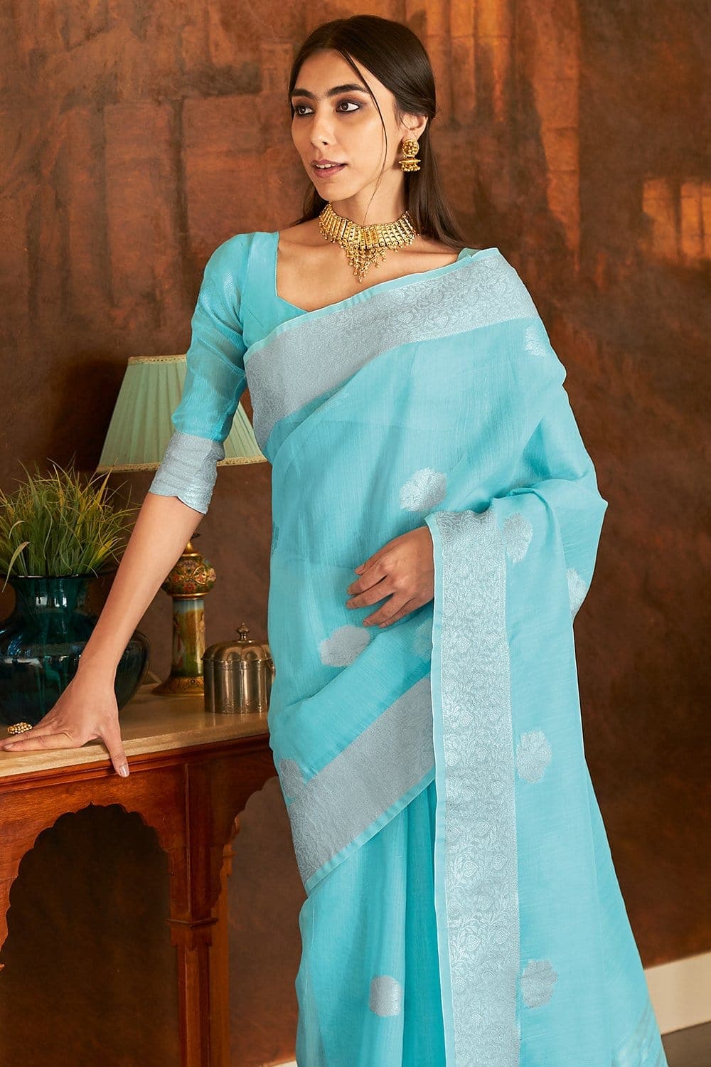 Buy limdo Woven Banarasi Linen Light Blue Sarees Online @ Best Price In  India | Flipkart.com