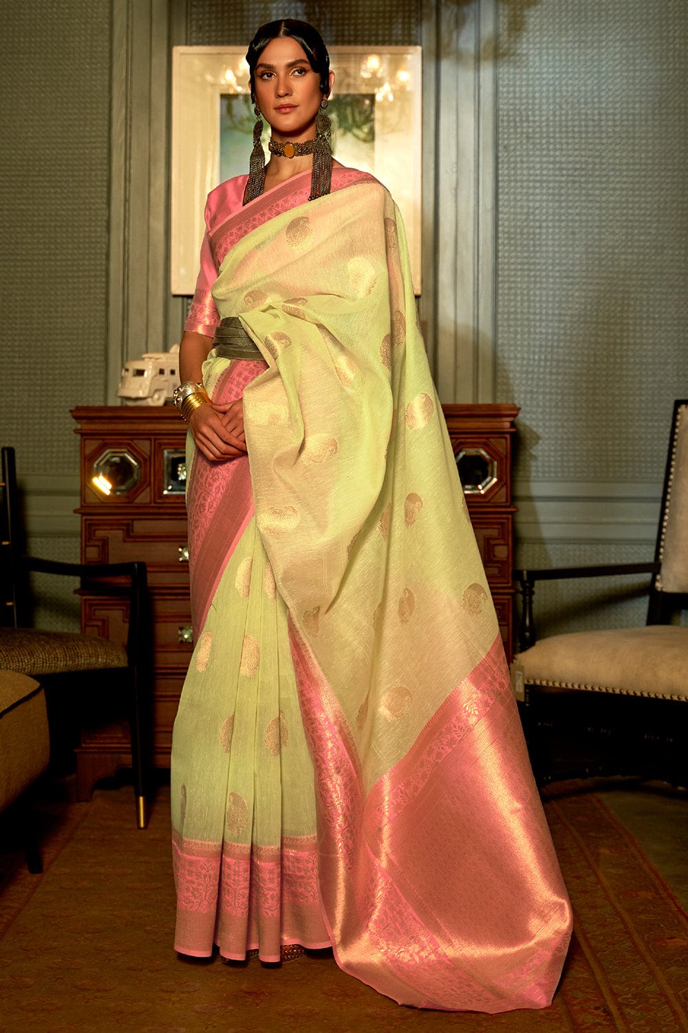 green linen saree