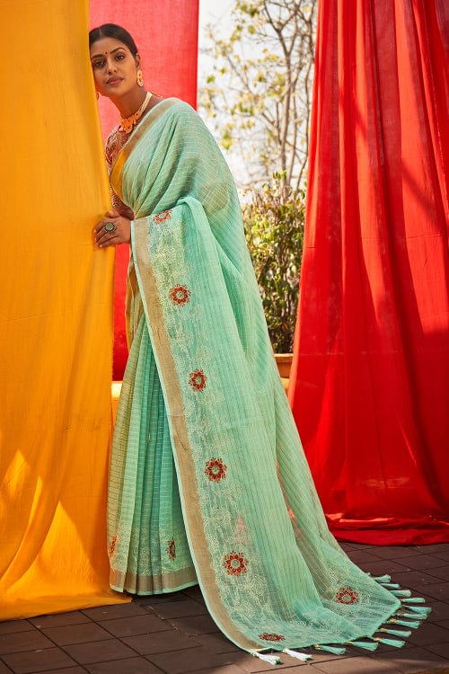 blue linen saree