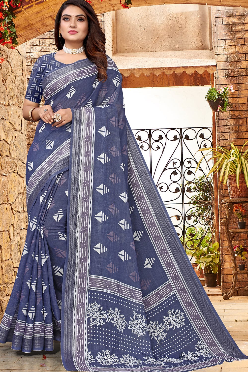 blue linen saree