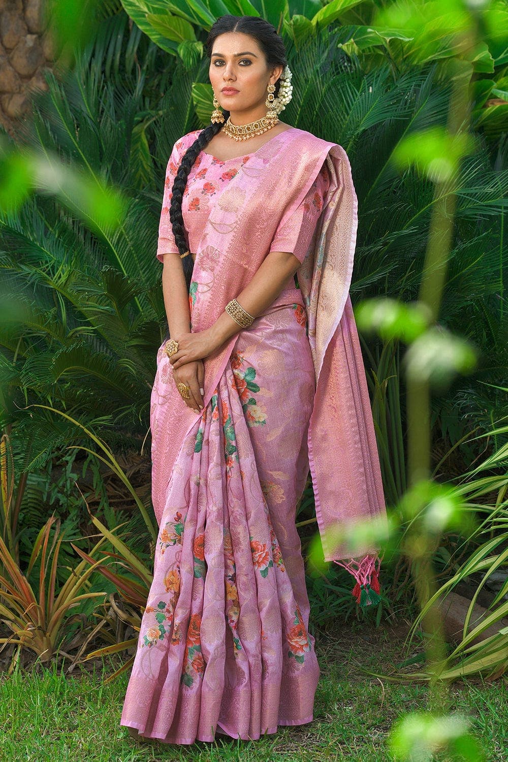 Linen Saree Watermelon Pink Linen Saree saree online