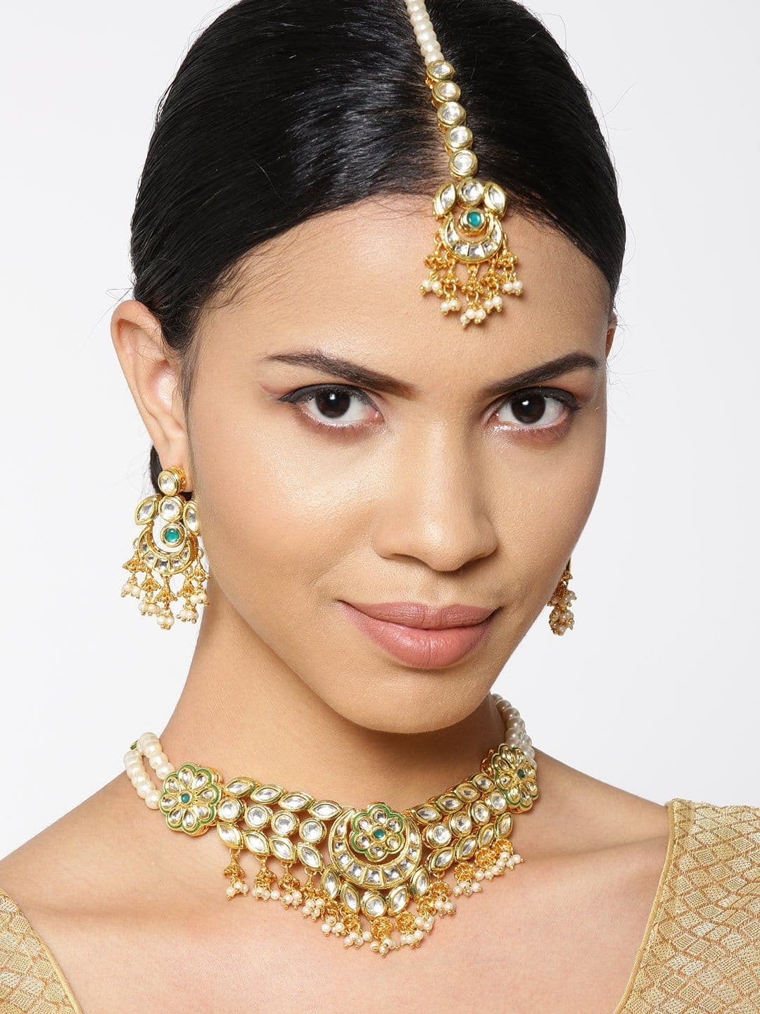 Necklace Chand Bali Kundan Flower Gold Plated Necklace and Set saree online
