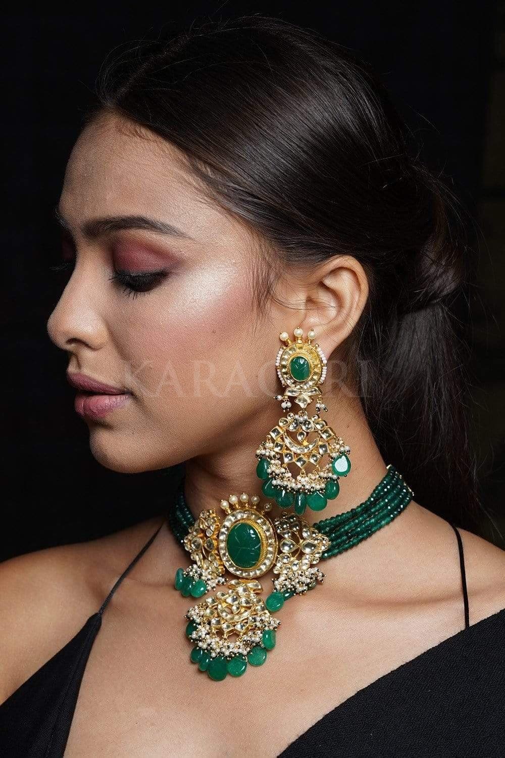 Stone Studded Golden and Green Jhumka Earrings Jewelry 373JW01