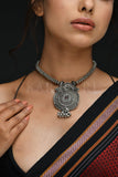 Necklace Intricate Round Shaped Silver Plated Broad Thushi Necklace saree online