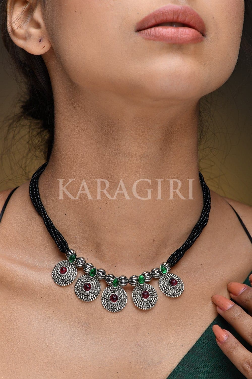 Necklace Silver Plated Mangalsutra with Red and Green Stones saree online