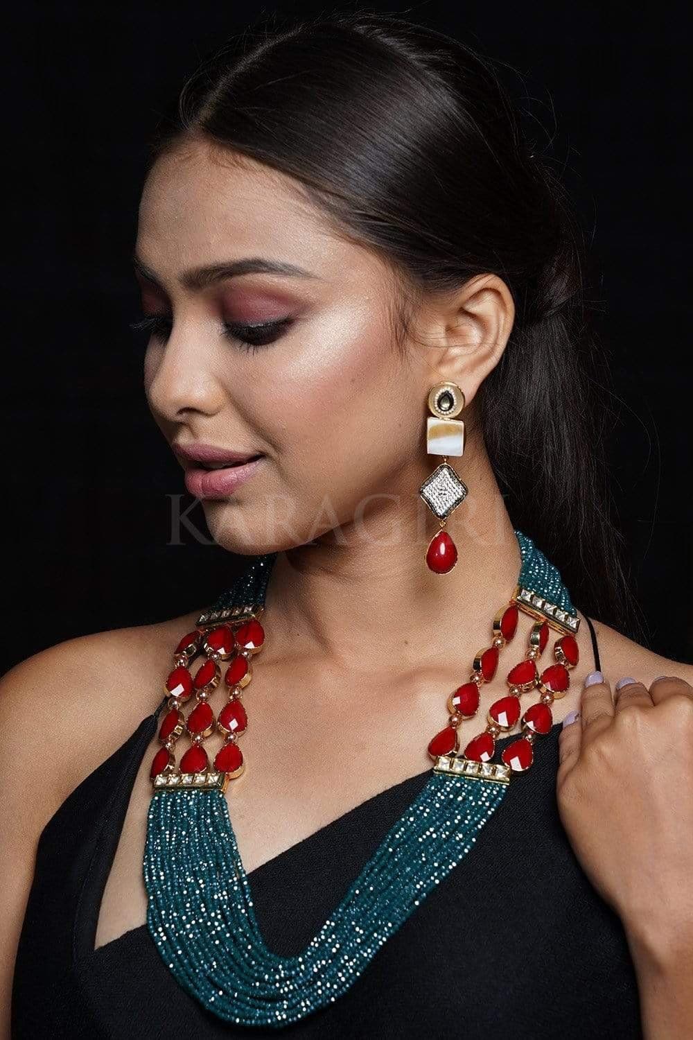 Necklace Turqiouse Crystals and Red Stone Necklace With Earrings saree online
