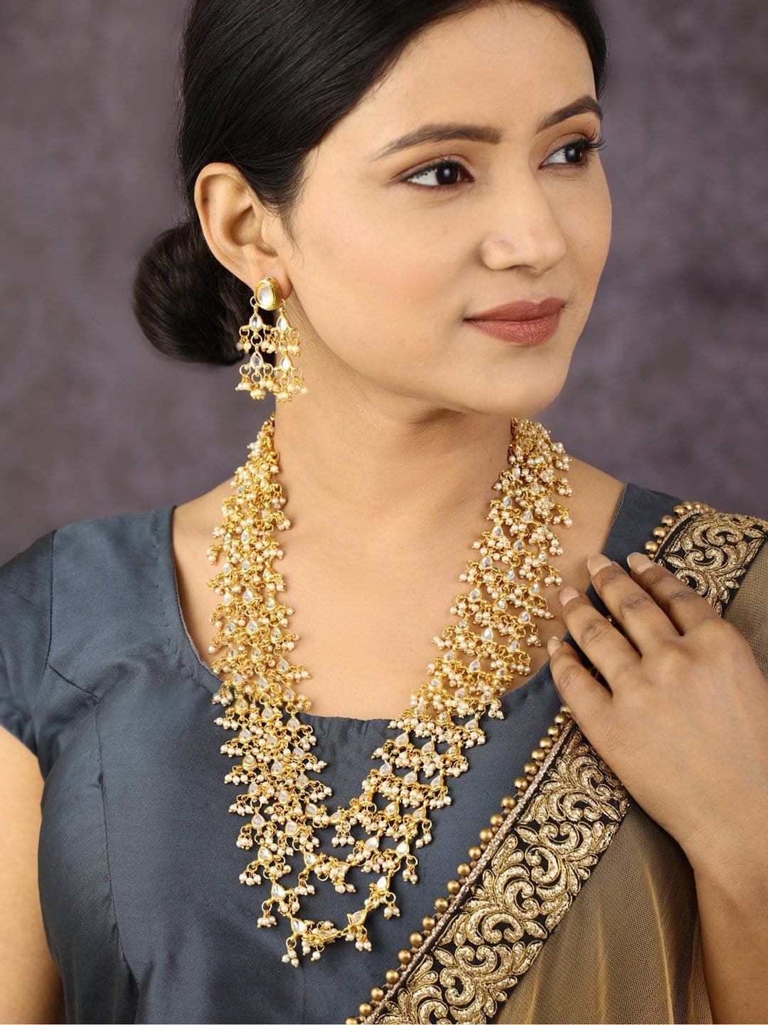Necklace White Bead Kundan Layered Necklace and Set saree online