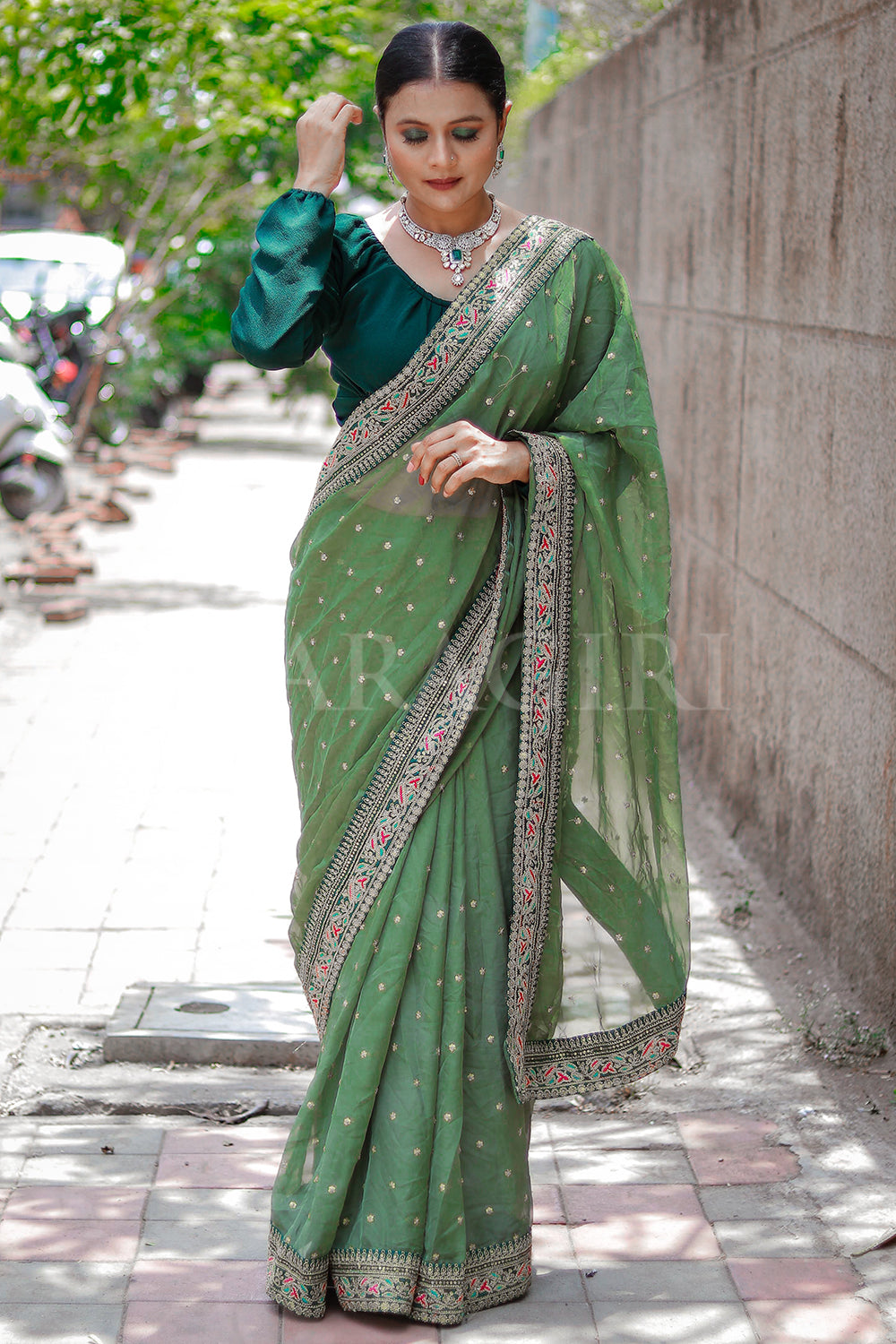 BHARGAVI CHIRMULEY in Emerald Green Organza Designer Saree