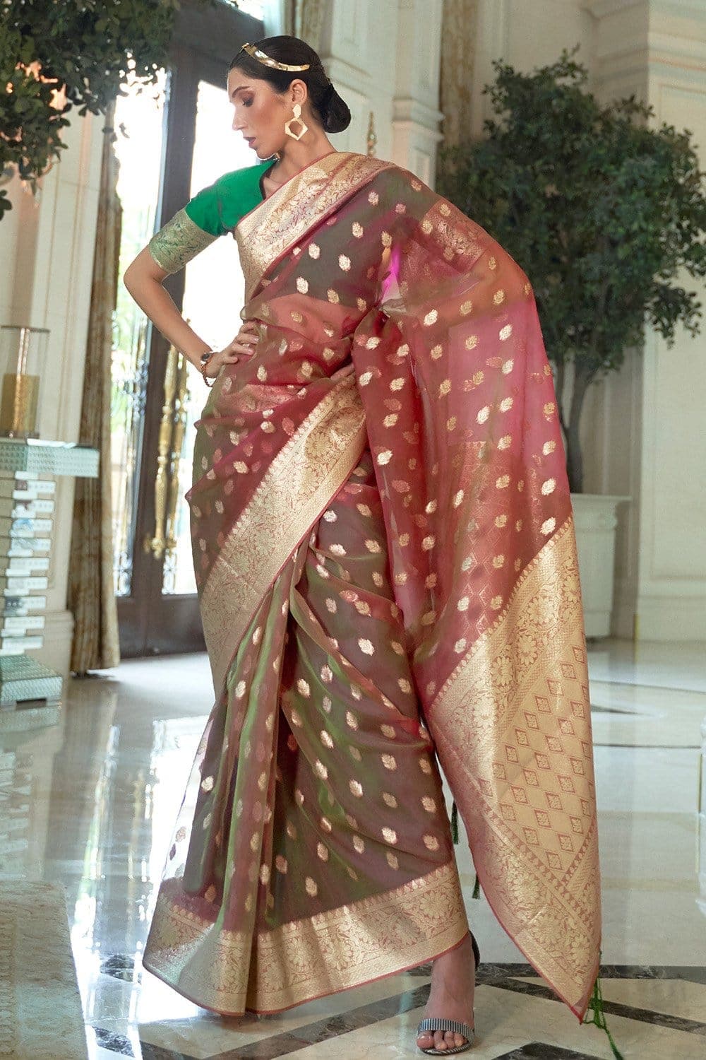 Pink Organza Silk Saree with Stone Work - Urban Womania