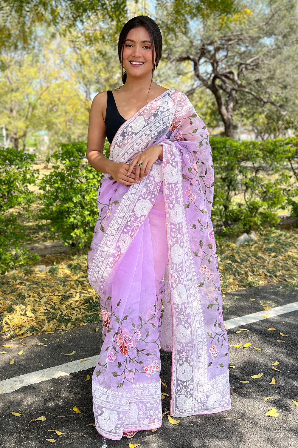 Lavender Floral Digital Embroidery Silk Linen Saree | Floral Saree | Zari  Border | Organic Silk Linen Saree | Ships from California – Kaash