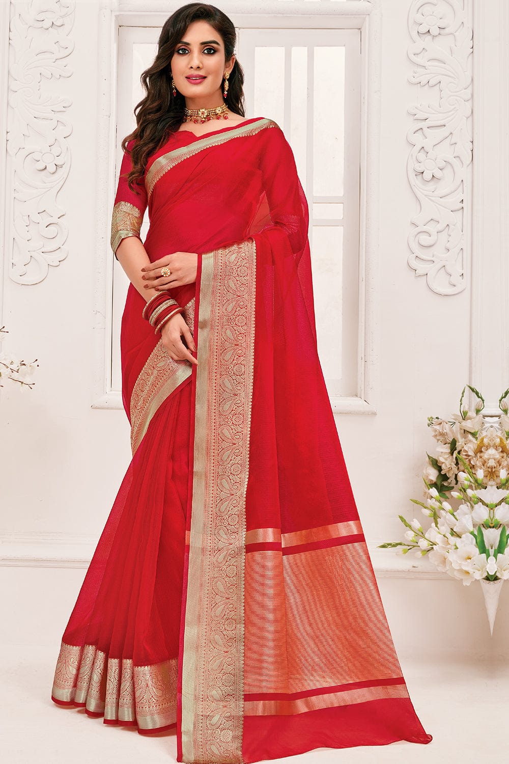 Red Color Embroidered Georgette Saree