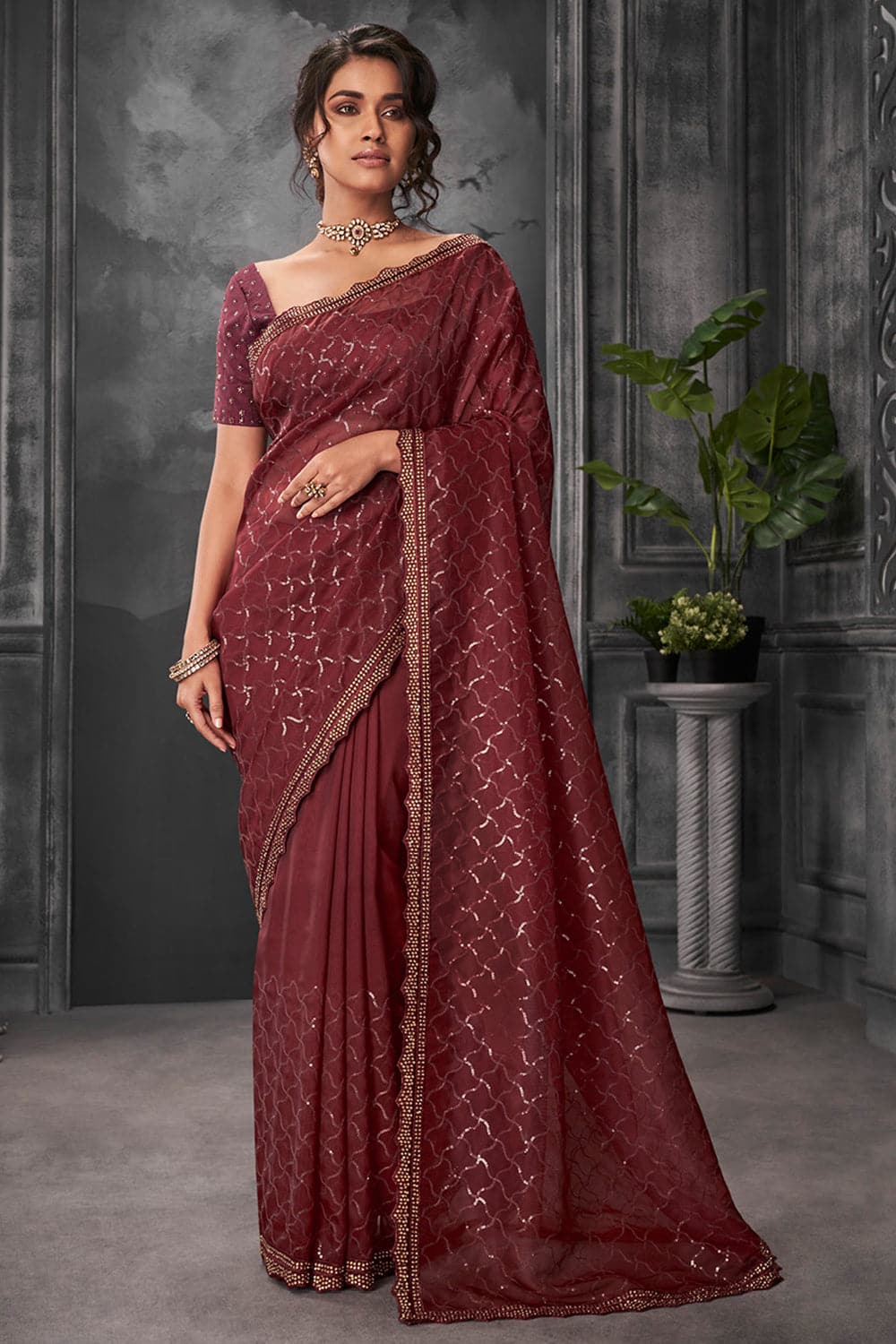 Buy Women Dusty Pink Thread Embroidered Organza Saree Set With Stitched  Blouse - Reds & Pinks - Indya