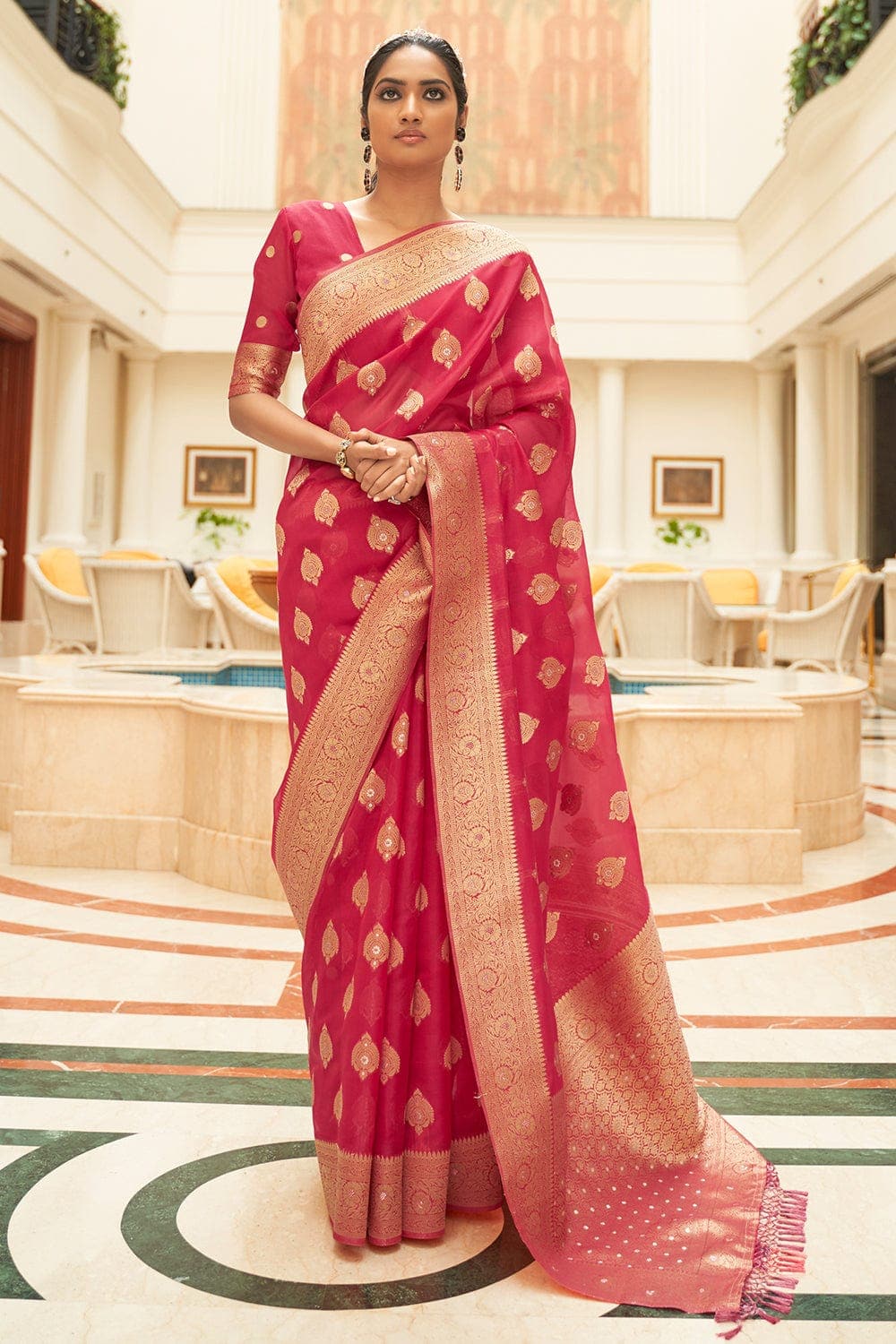 Buy Red Saree- Silk Organza And Embroidery Block Baag For Women by Shiori  Online at Aza Fashions.