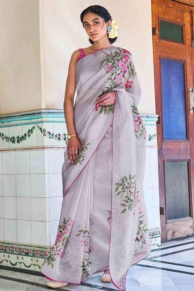 Buy Gray Organza Saree online-Karagiri