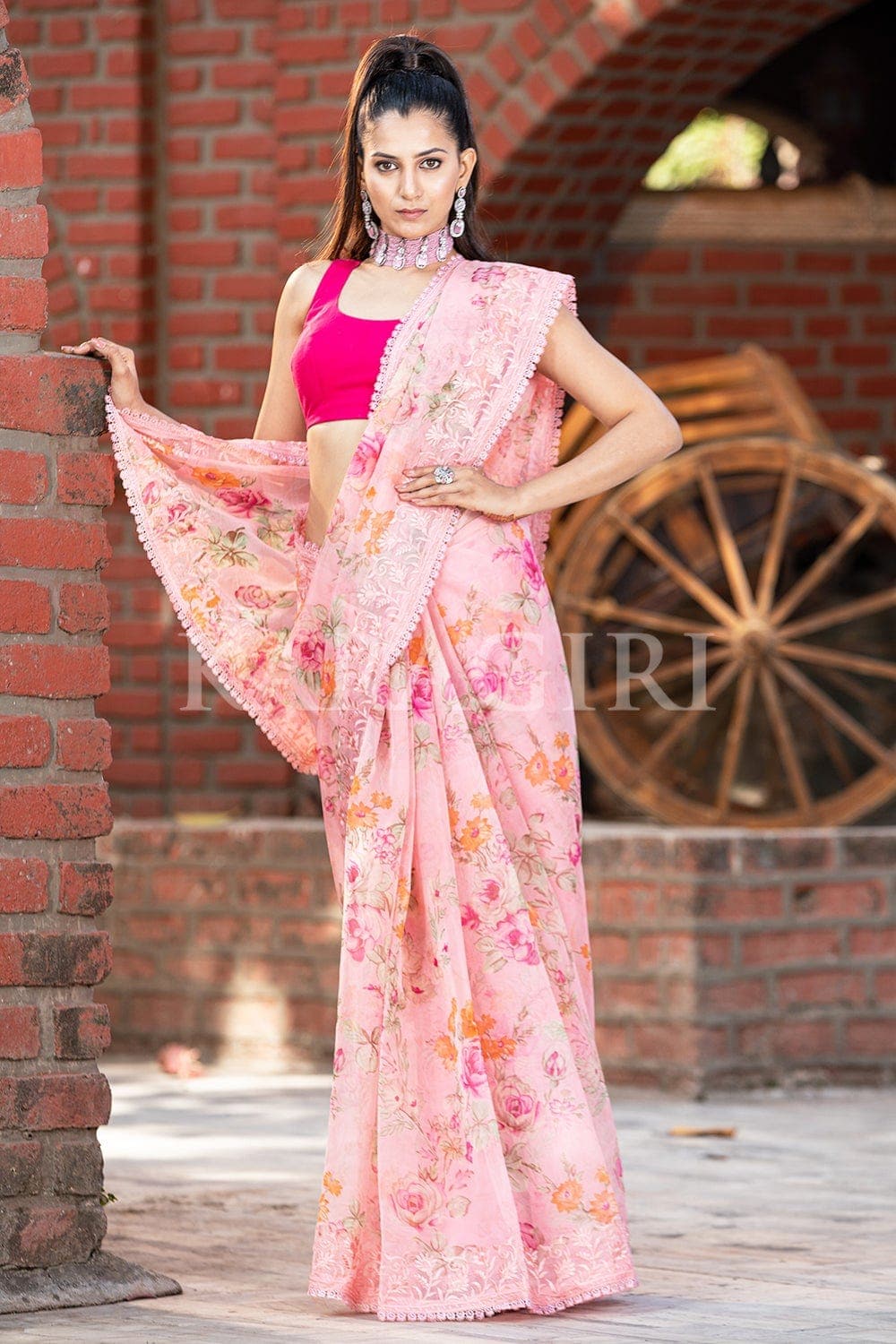 Nirmal Creations Best & Pure Pink Floral Organza Saree And Blouse Piece -  Nirmal Creations | Nirmal Creations