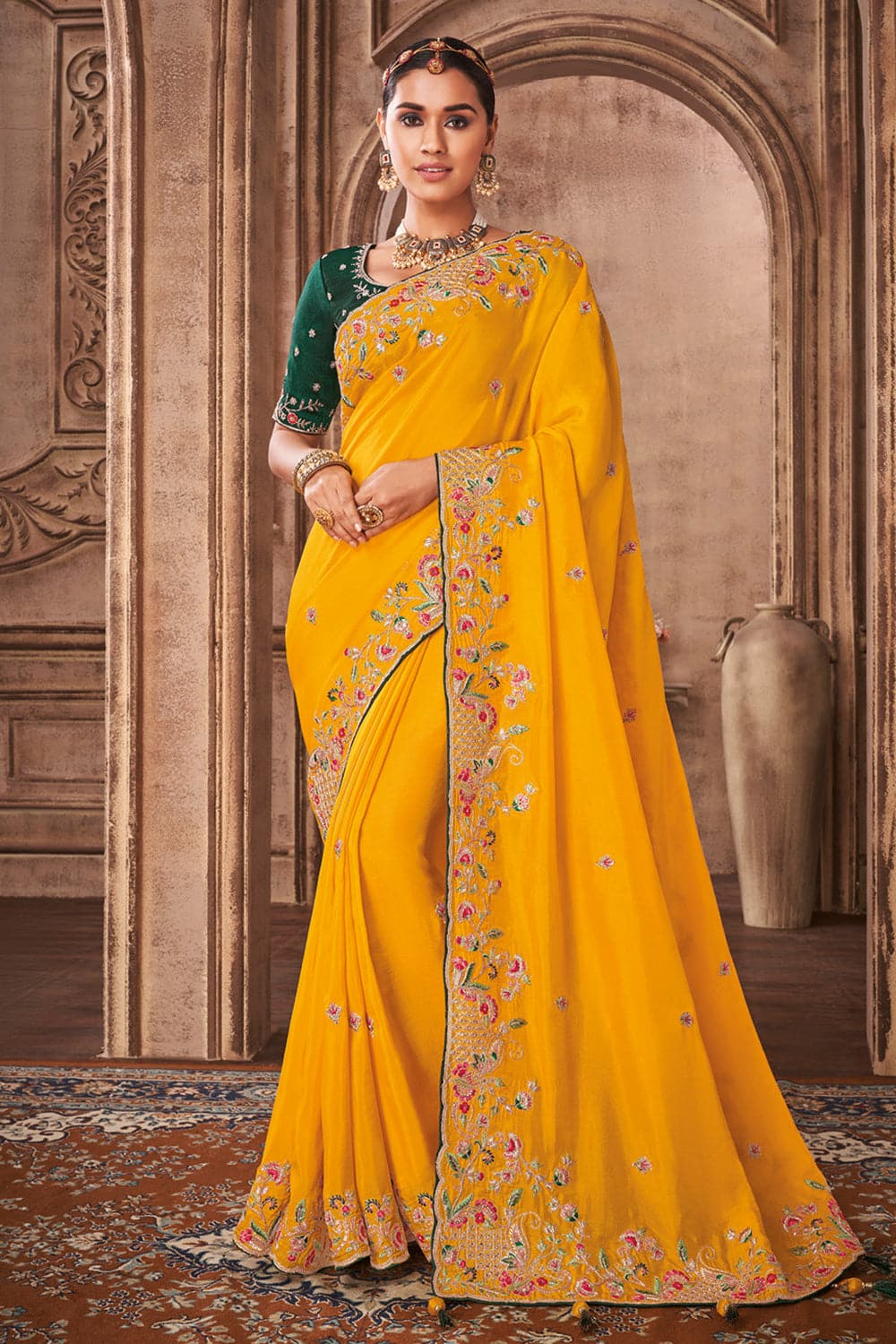 Buy Wedding Wear Yellow Embroidery Work Viscose Organza Saree Online From  Surat Wholesale Shop.