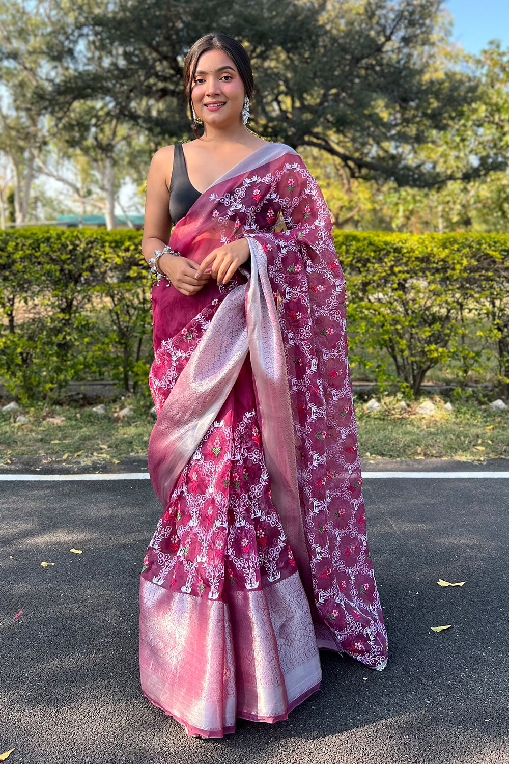 Dusty Pink Organza Saree with Gold Zari Weaves | Mirra clothing