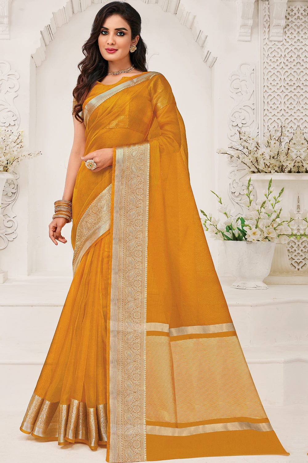 Mustard Yellow and Purple color Organza sarees with pigment full work saree  3d dying concept design -