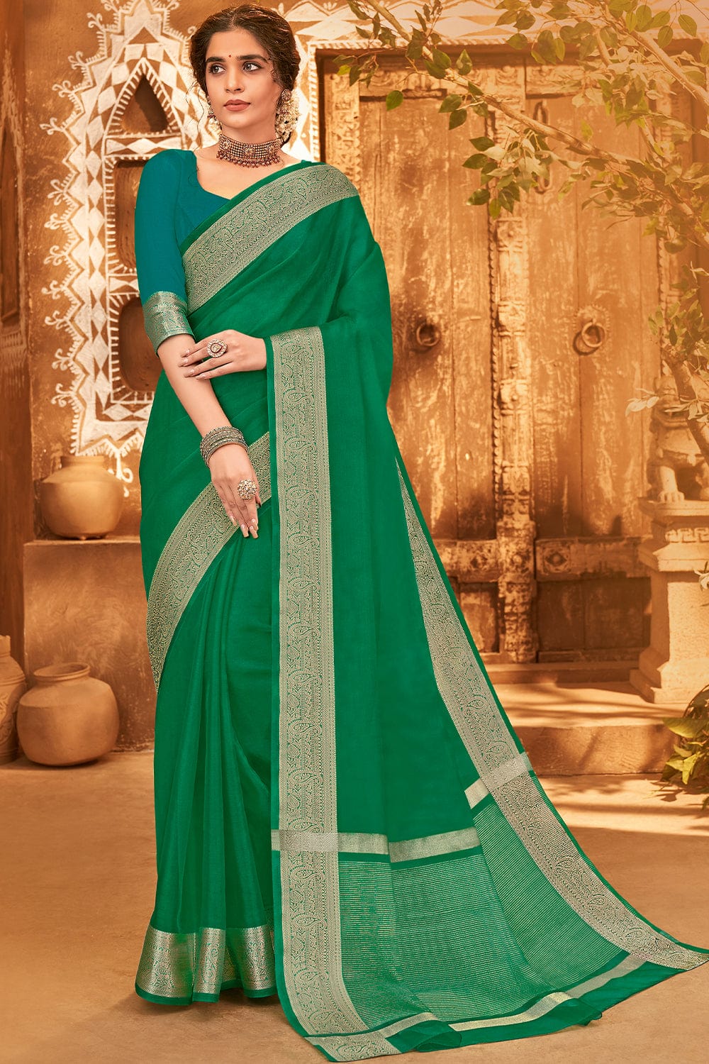 Olive Green Embroidered Organza Saree