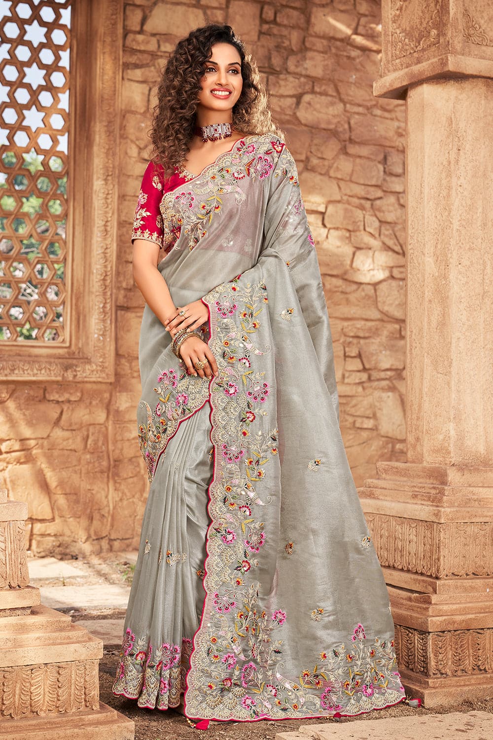 Grey Embroidered Organza Saree with Plain Blouse Piece -KIA001OZG –  www.soosi.co.in