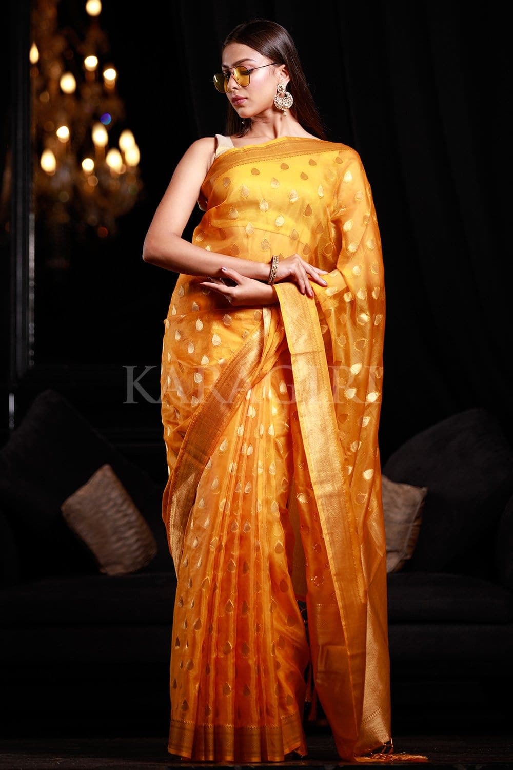 Mishru | Mango Yellow Embroidered Saree & Blouse | INDIASPOPUP.COM