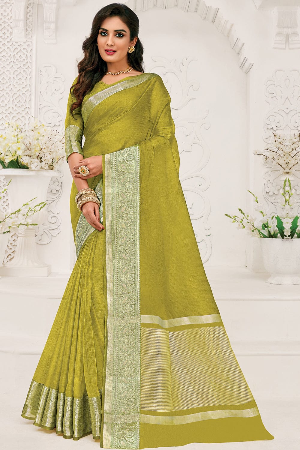 Olive green mixed beige saree is ideal for a day special occasion. Style  this saree with your statement… | Cotton saree blouse designs, Stylish  sarees, Saree models