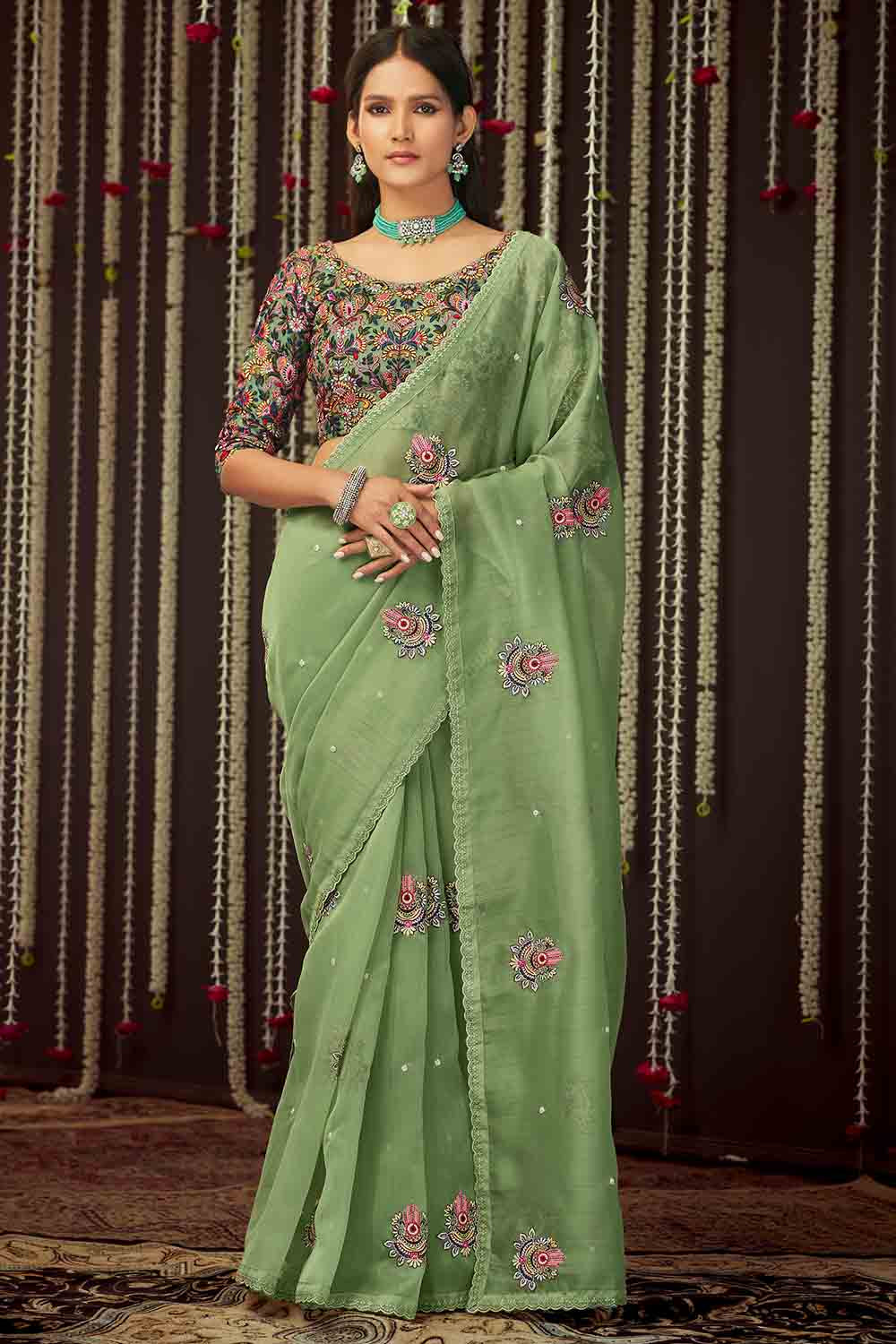 Woven Pure Tussar Silk Saree in Olive Green : SNEA2276