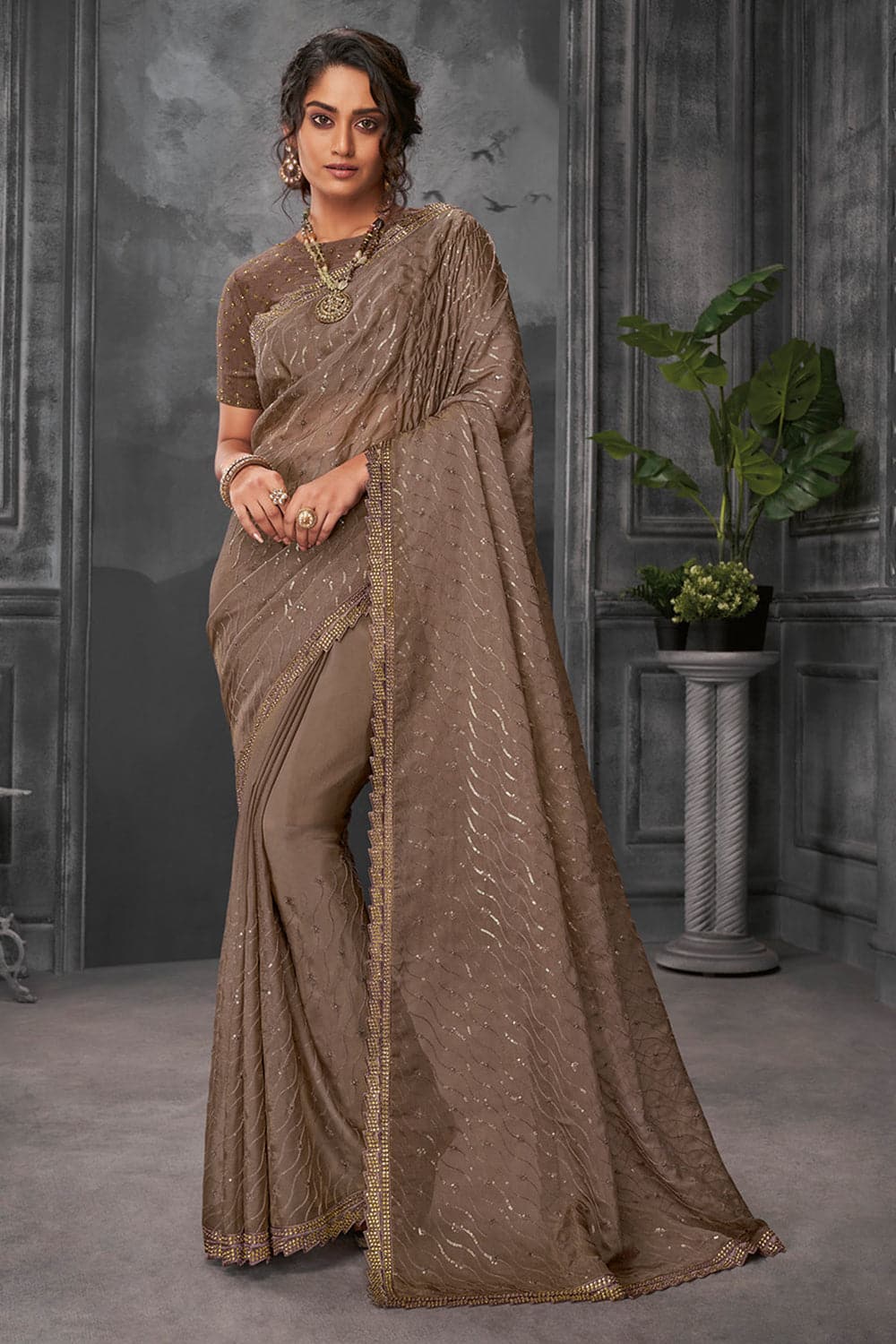 Dark Brown Bamber Silk Plain Saree