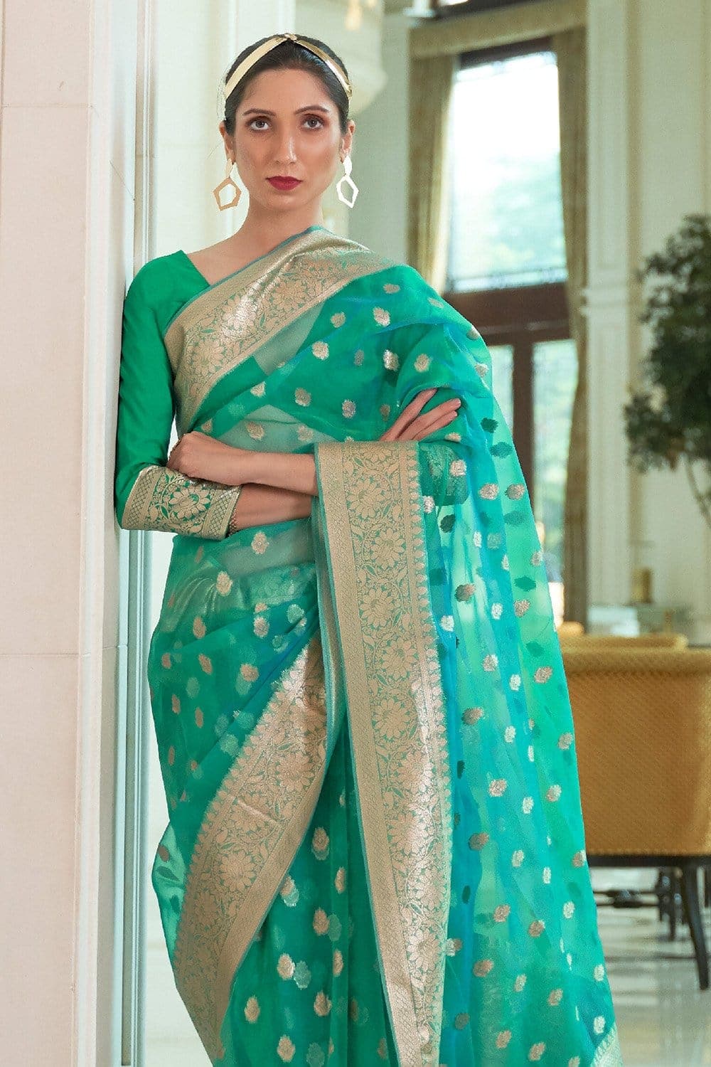 Buy Beige Golden And Green Embroidered Organza Silk Saree In USA UK Canada