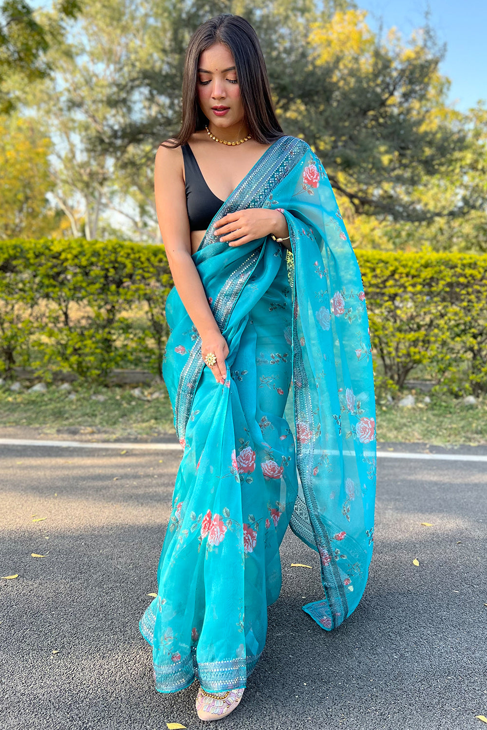 Buy Vivid Sky Blue Organza Saree online-Karagiri