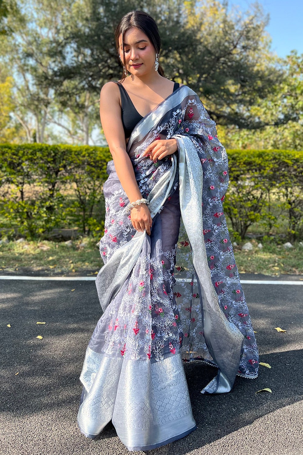 Swtantra Grey & Golden Organza Saree