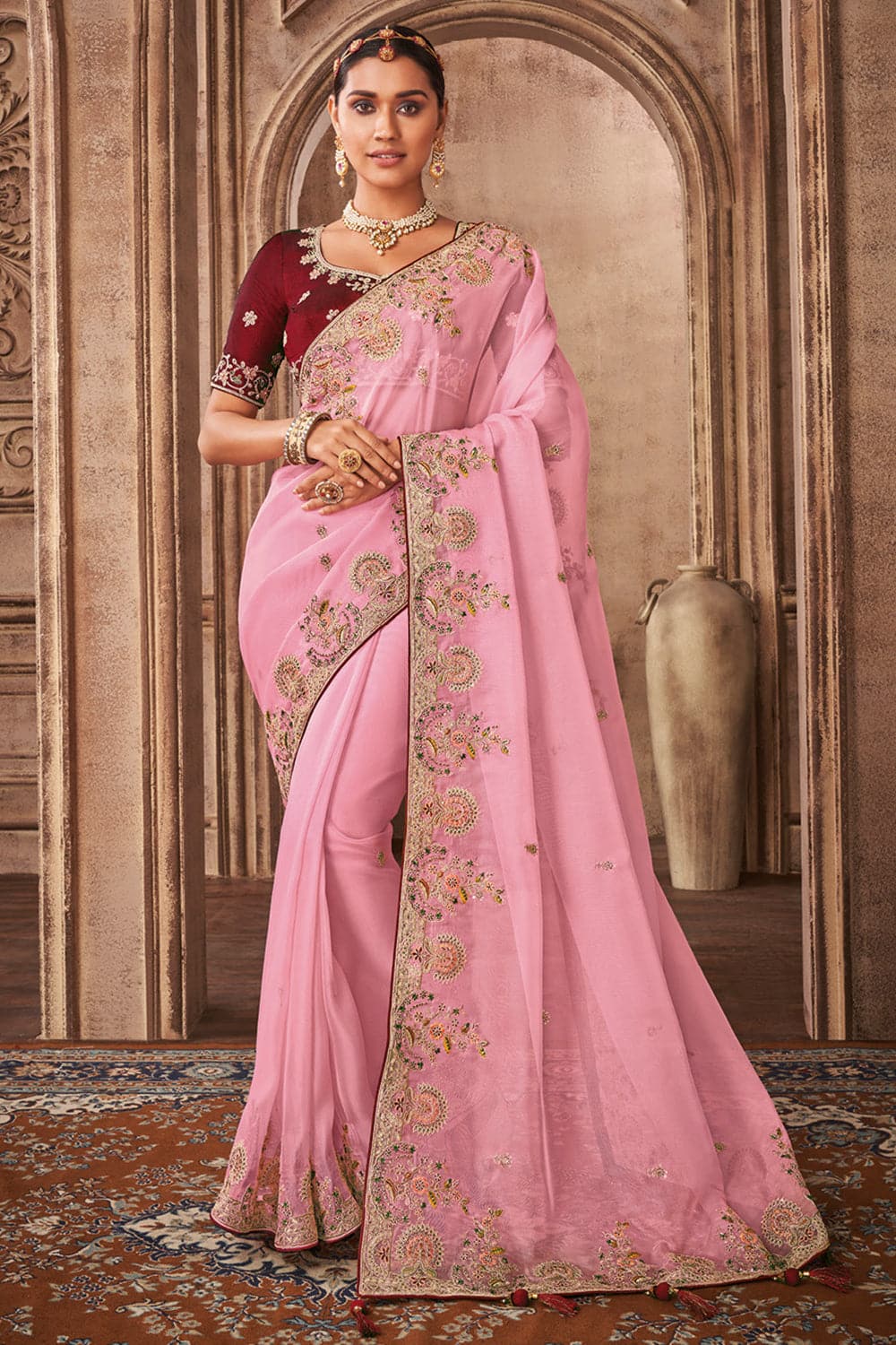 Pastel Pink Organza Saree With Floral Embroidery – Cherrypick