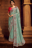 blue organza saree