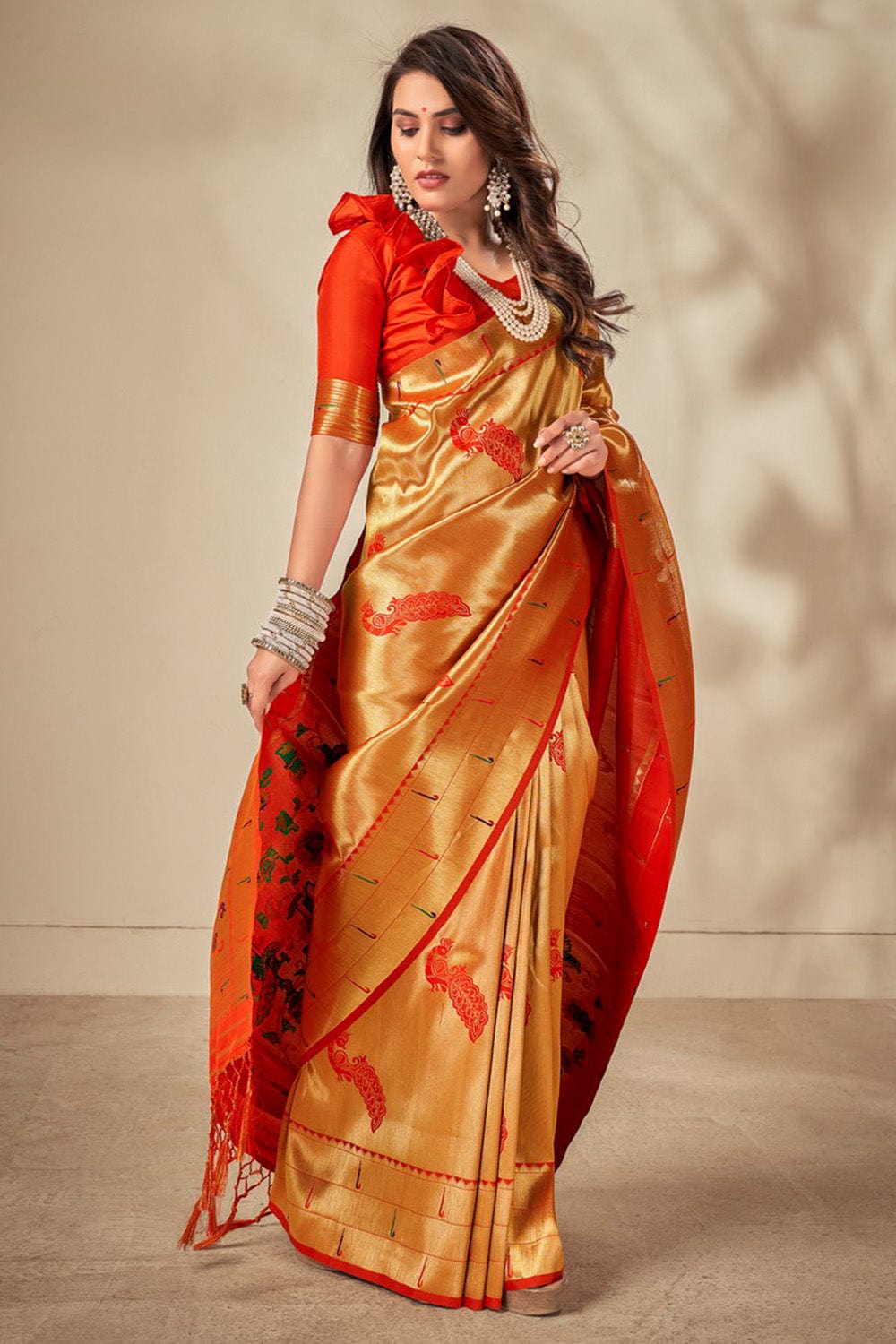 orange paithani saree